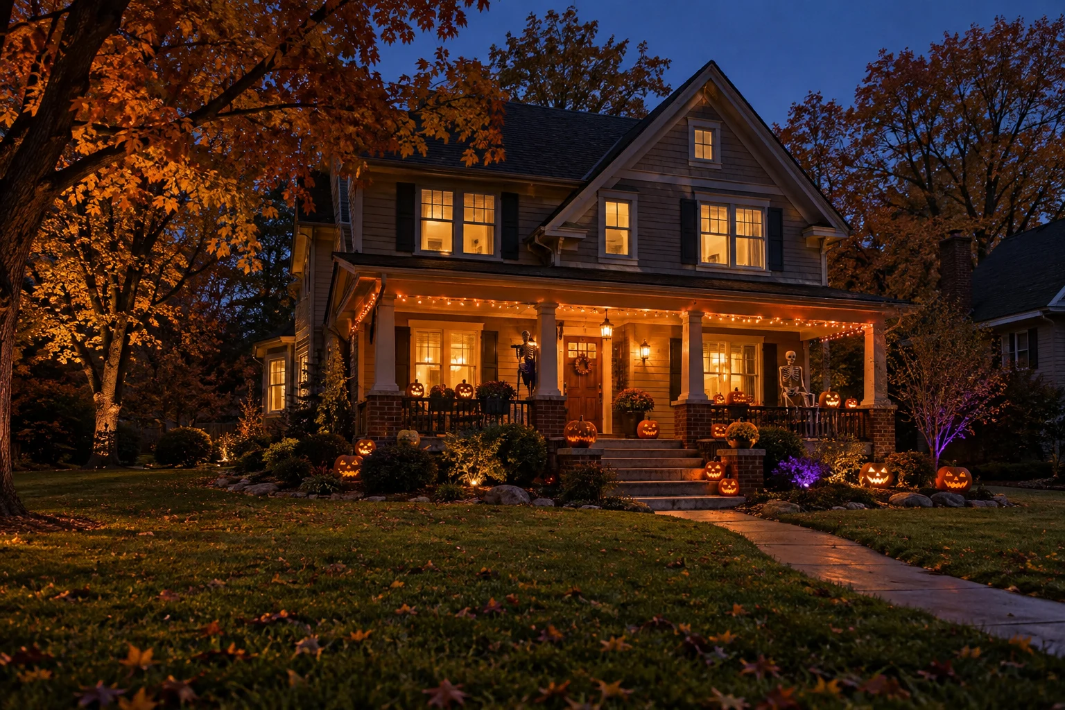 Illustrative Halloween house with a glowing orange porch