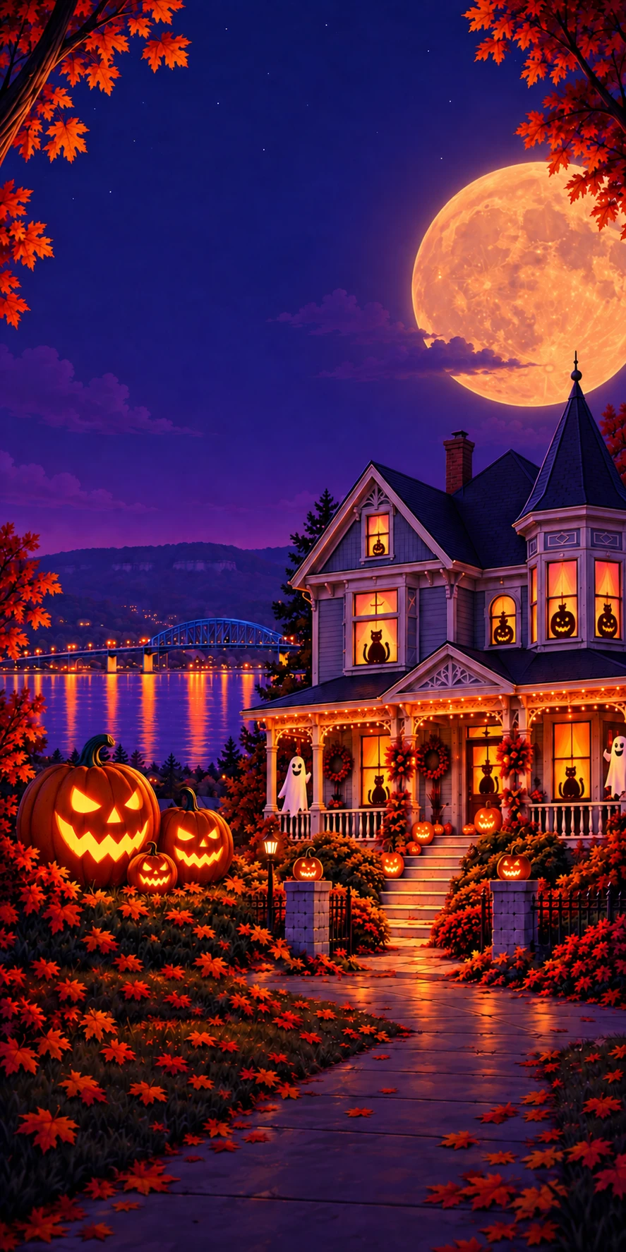 Illustrated Halloween house and glowing pumpkins beside Mississippi River reflections, with shadowed La Crosse bluffs and the blue river bridge.