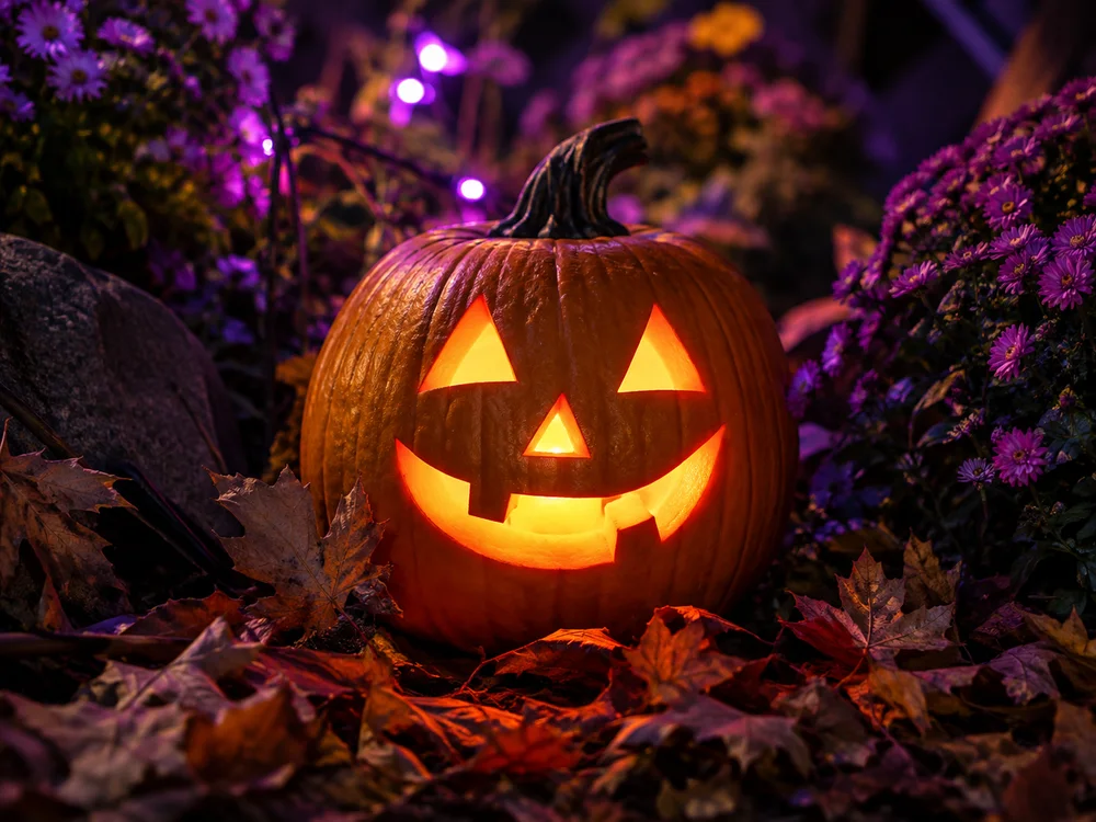 Illustrative close-up of a glowing pumpkin in a purple-lit garden