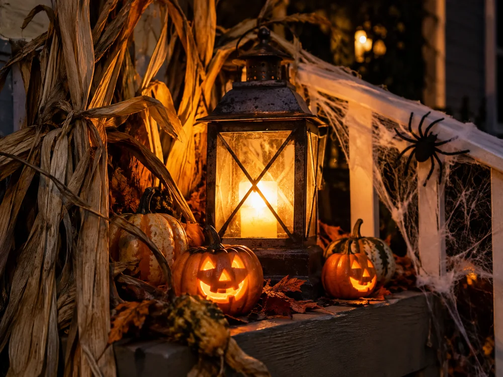Illustrative close-up of a lantern and miniature pumpkins